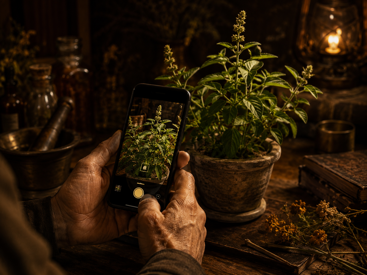 Pessoa a usar a aplicação Flora para reconhecer uma planta