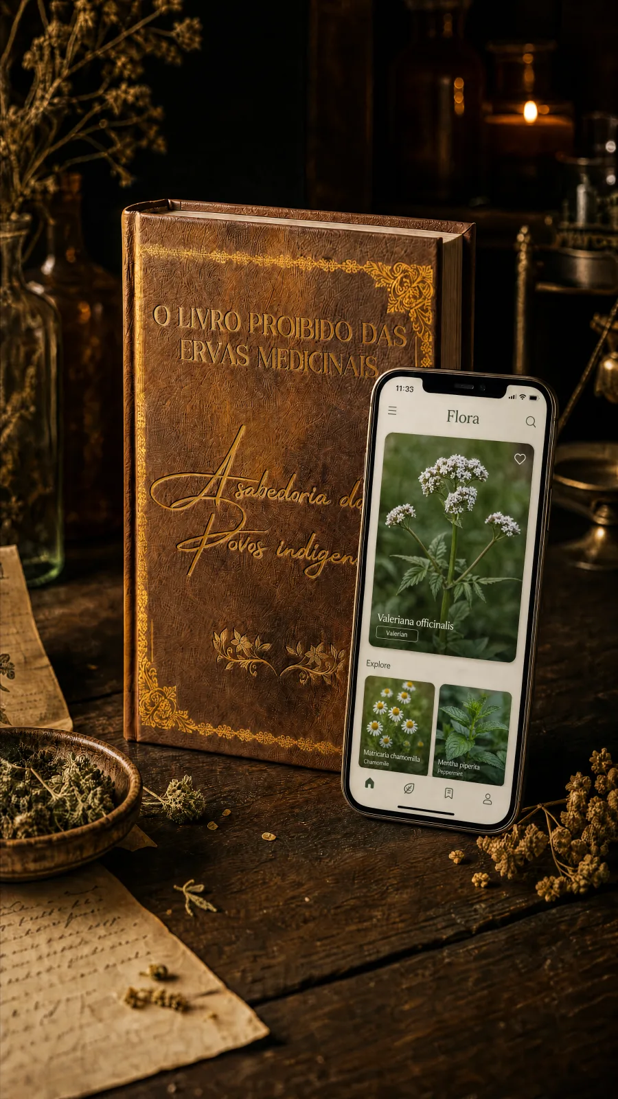 O Livro Proibido das Ervas Medicinais — livro impresso com a aplicação Flora